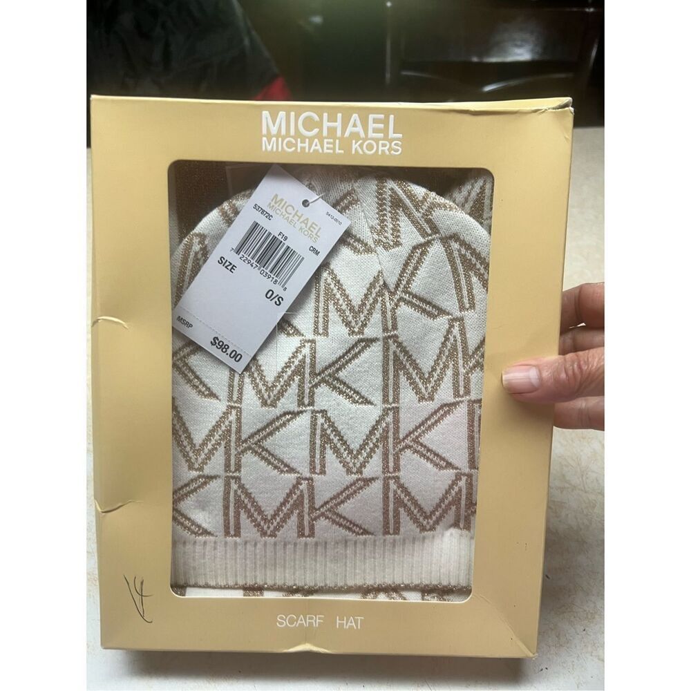 Michael Kors Women's Metallic Logo Muffler Scarf and Knit Beanie Set Cream/Gold